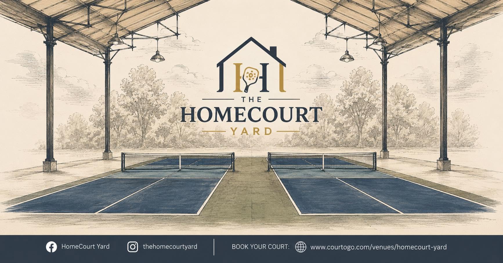 The HomeCourt Yard: the covered yard with two courts, pendant lamps and trees
